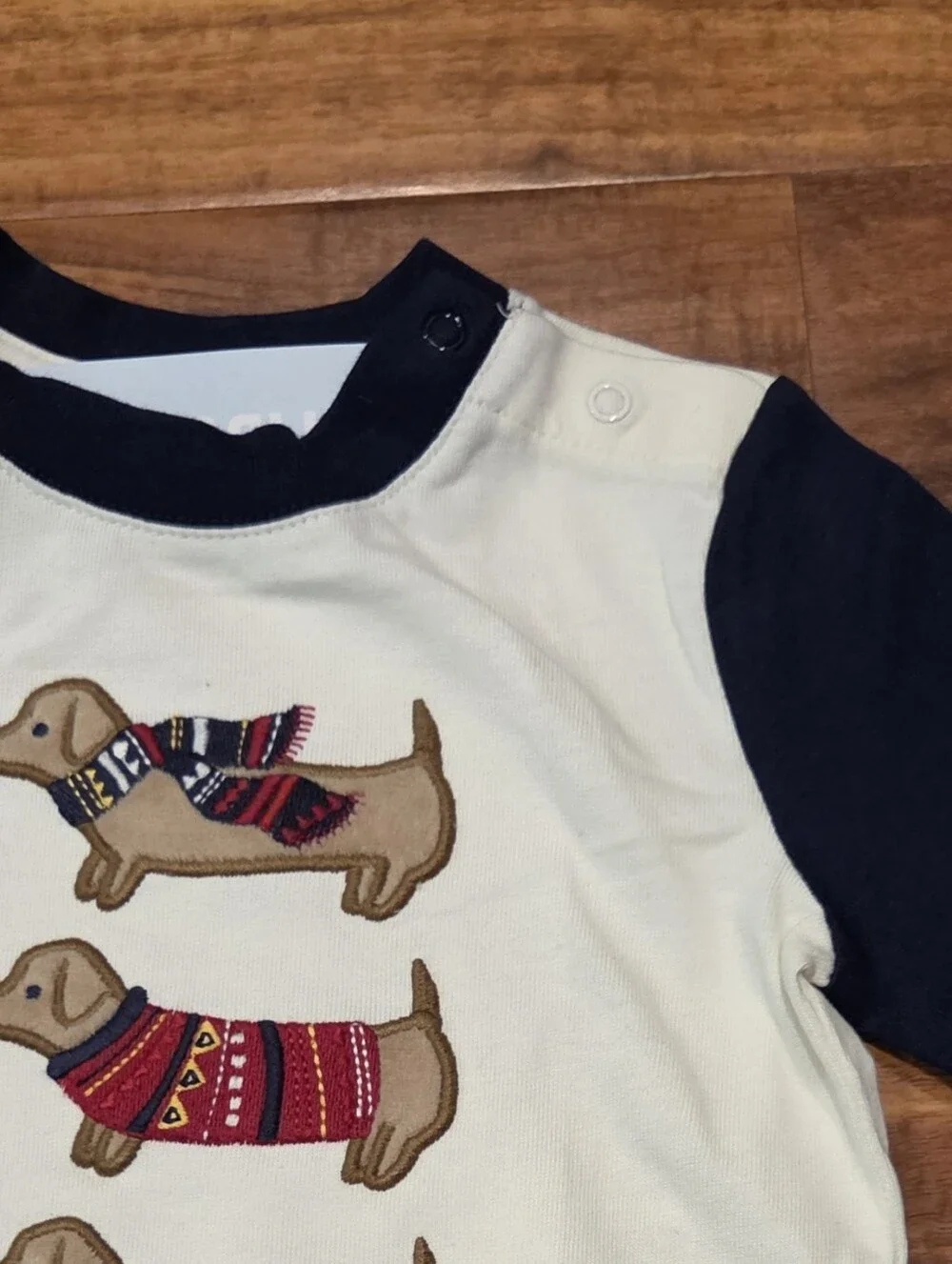 Gymboree NWT 12-18 Months Cream and Navy Holiday Dachshund Bodysuit & Socks (2)